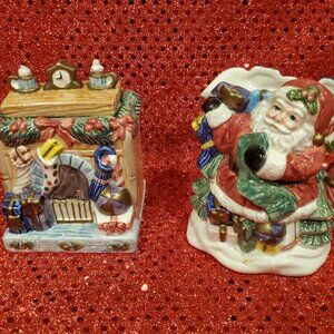 Vintage Fitz & Floyd Omnibus Toyland Santa Sugar/Creamer Figurine Set Christmas